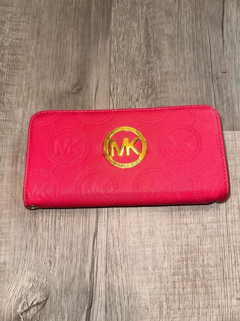 Michael Kors Logo Embossed Pink Leather Zip Around Continental Wallet
